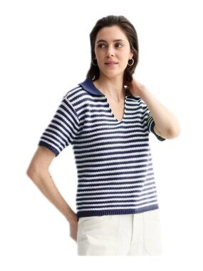 Sonoma Goods for Life Navy and White Striped Short-Sleeve Collared Sweater